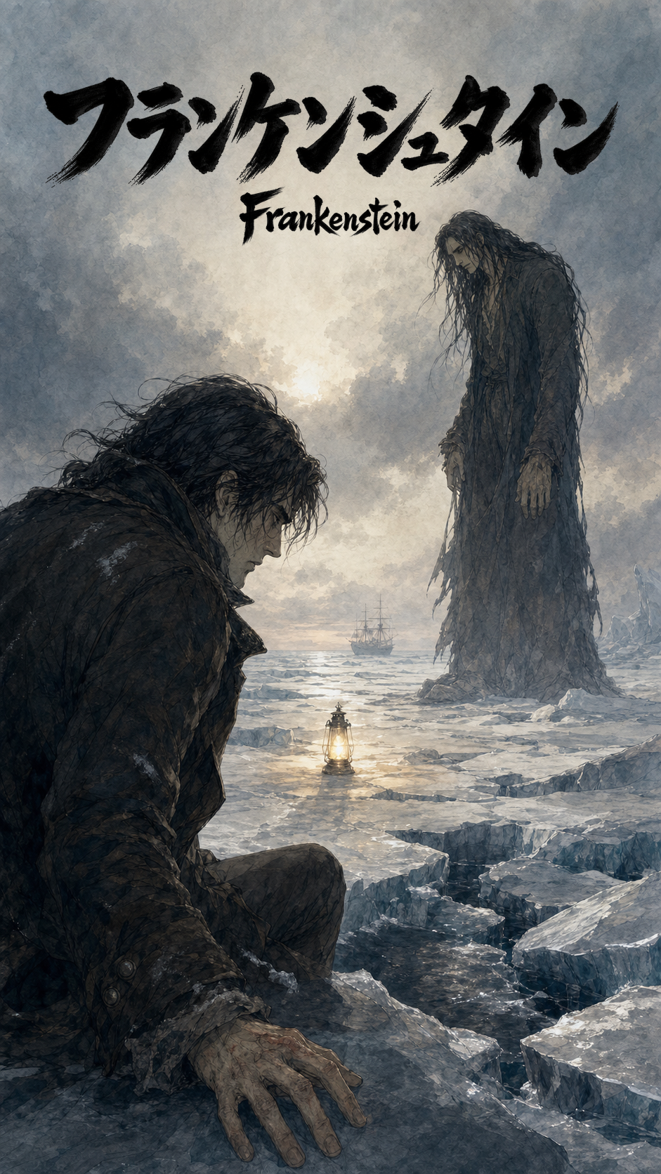 メアリー・シェリー『フランケンシュタイン』漫画版の表紙。創造された存在と孤独を感じさせる場面
