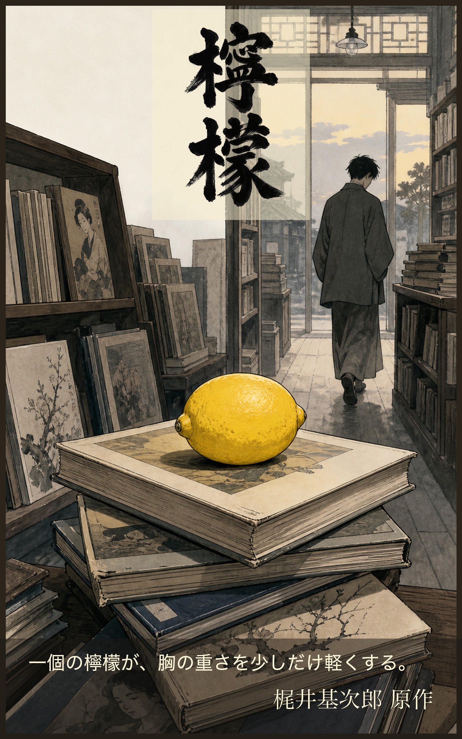 梶井基次郎『檸檬』漫画版の表紙。暗い街の中に黄色い檸檬が印象的に置かれている