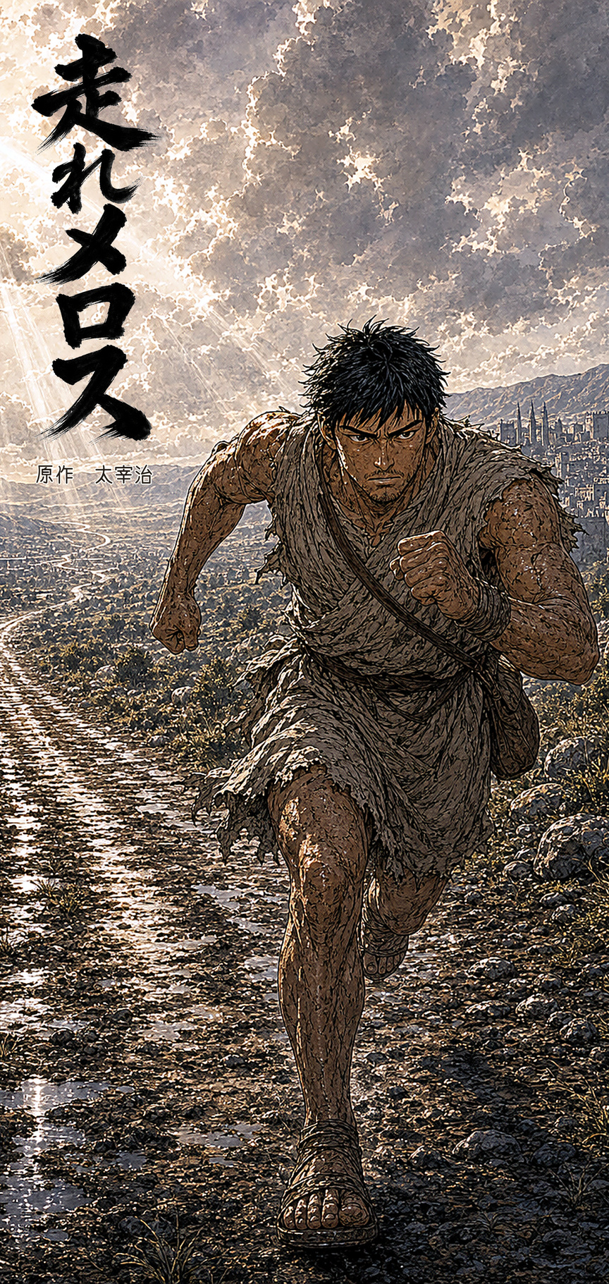 太宰治『走れメロス』漫画版の表紙。メロスが疾走する場面を筆題字とともに見せている