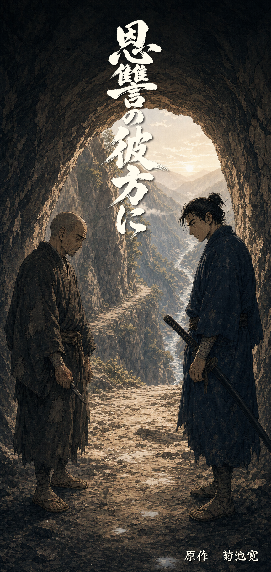 菊池寛『恩讐の彼方に』漫画版の表紙。洞門と祈りを思わせる重厚な場面