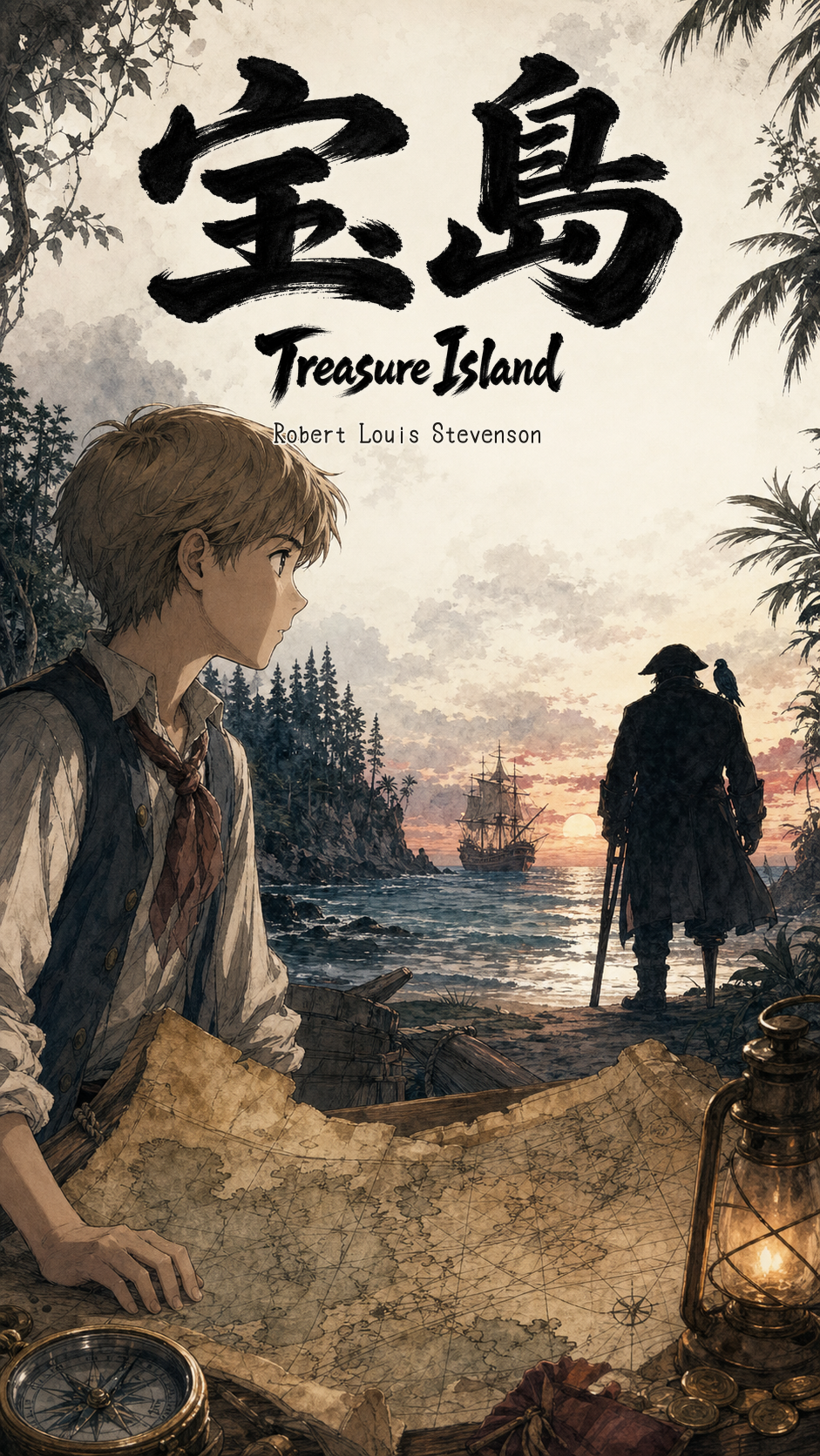 ロバート・ルイス・スティーヴンソン『宝島』漫画版の表紙。海と冒険を思わせる場面