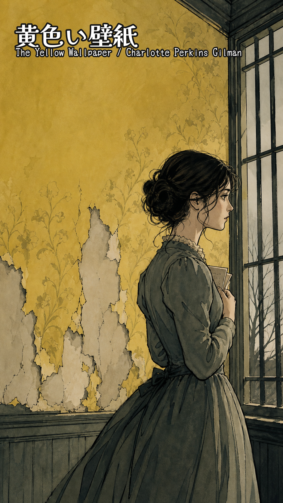 Charlotte Perkins Gilman『The Yellow Wallpaper』漫画版の表紙。黄色い壁紙の部屋で女性が窓辺に立っている