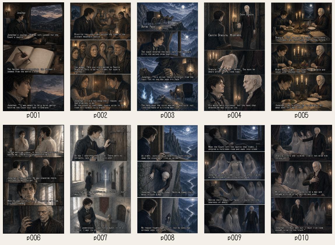 Sample grid for the Dracula manga edition, showing the cover and opening pages