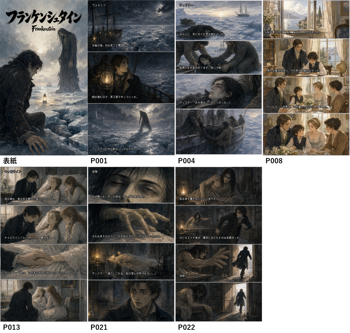 『フランケンシュタイン』漫画版の試し読み一覧。表紙と冒頭ページを並べて確認できる
