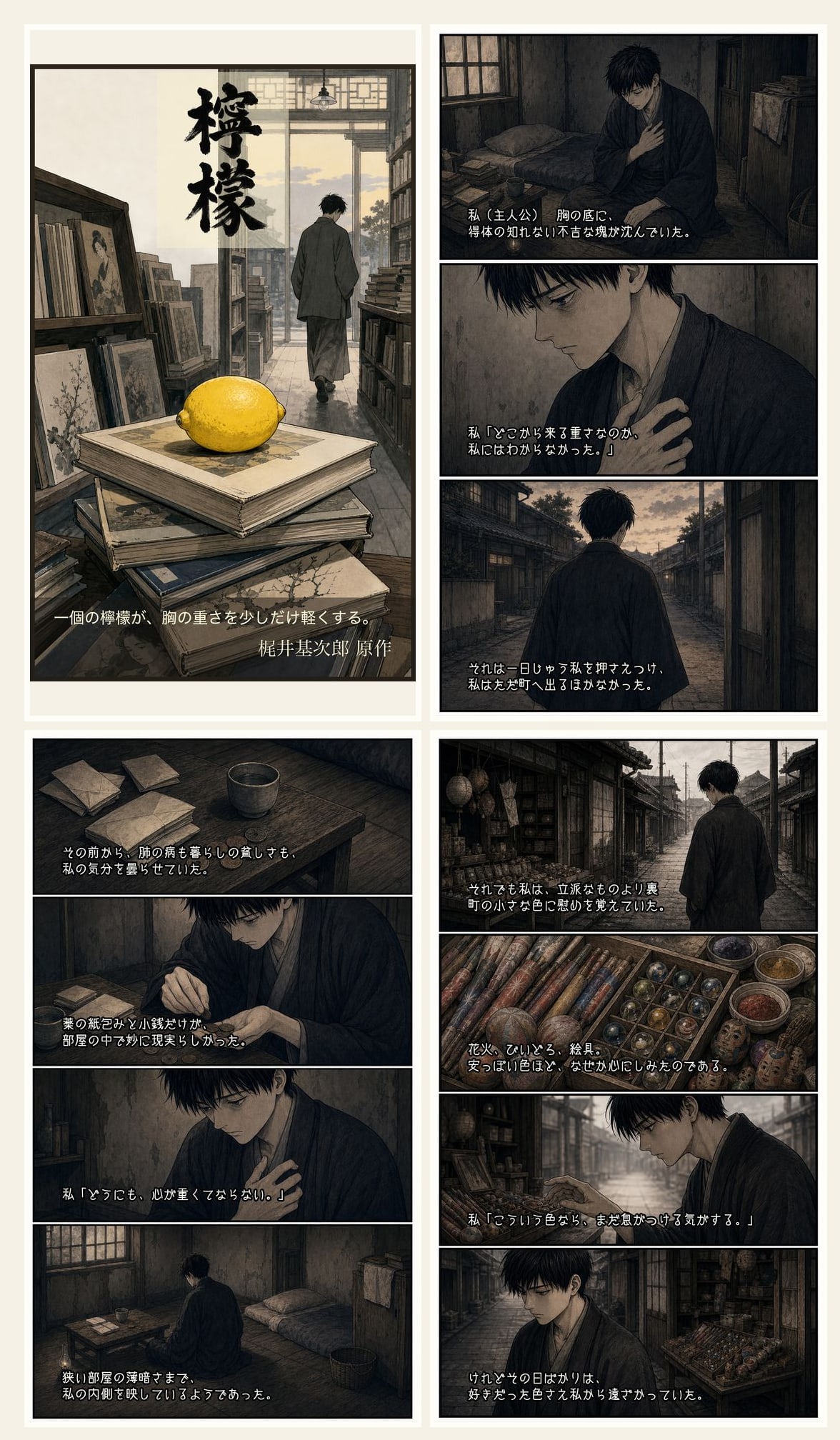 名著漫画の試し読みグリッド。表紙と冒頭ページを並べて、導入の空気を確認できる