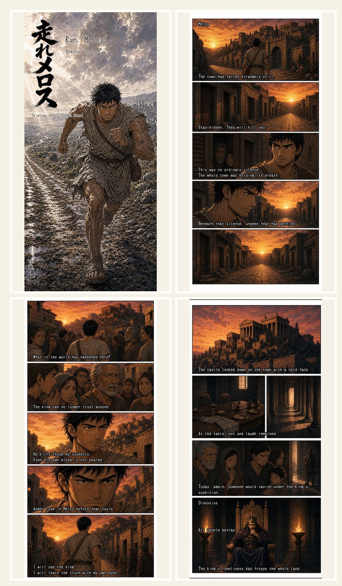 Sample grid for the English edition of Run, Melos, showing the cover and opening pages