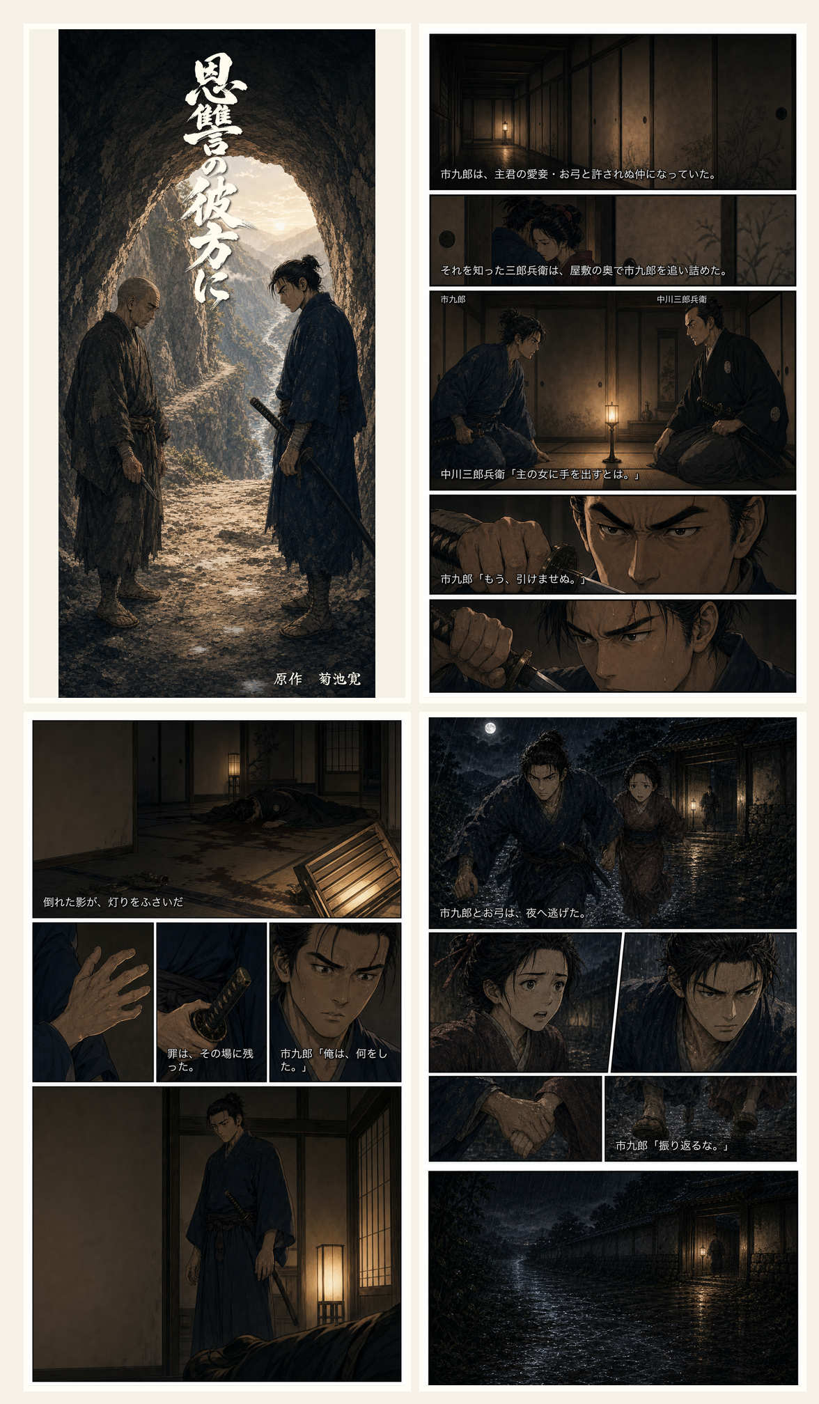 『恩讐の彼方に』漫画版の試し読み一覧。表紙と冒頭ページを並べて確認できる