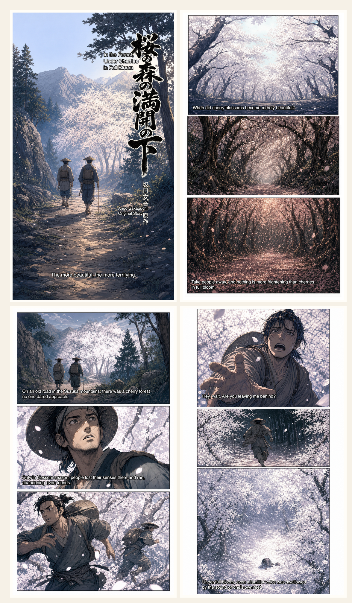 Sample grid for the English edition of In the Forest, Under Cherries in Full Bloom, showing the cover and opening pages